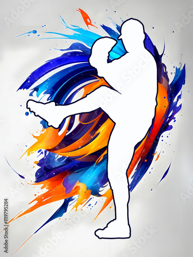 Sport Silhouette on Colorful Splash Background - Baseball Pitcher Ready to Throw
