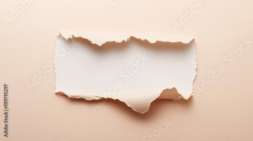 Concept of brand discovery with torn paper revealing a blank space for your unique slogan and message on a soft beige background