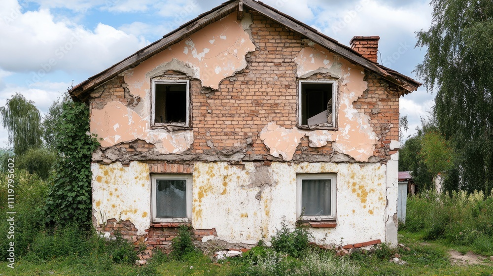 Dilapidated house facade with peeling paint and exposed bricks surrounded by overgrown grass and trees under a cloudy sky