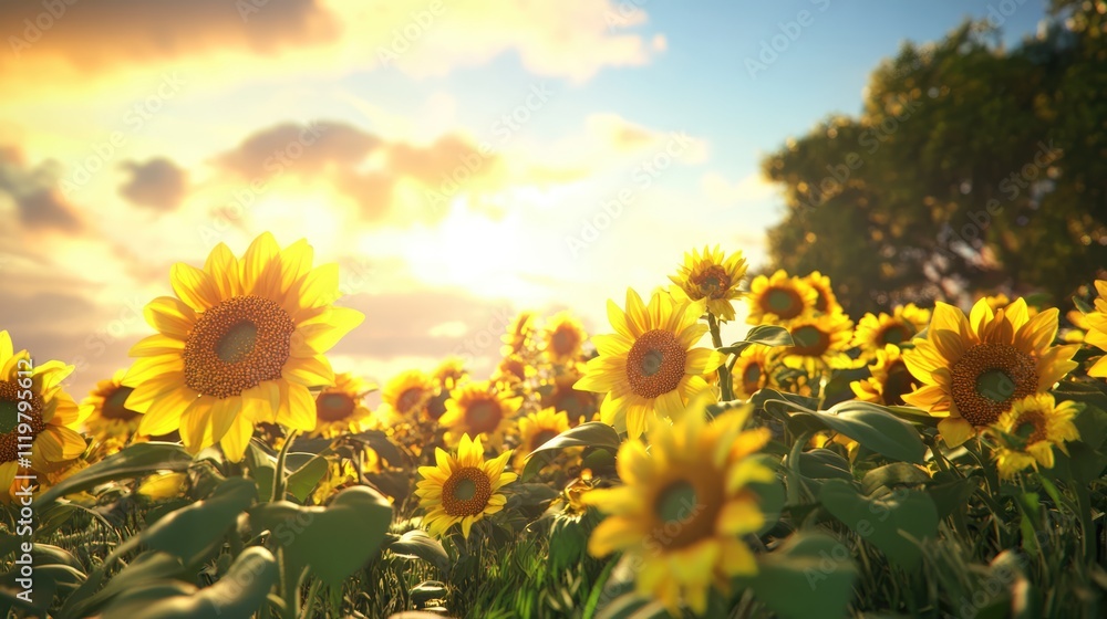 Fototapeta premium Sunflower field under a golden sunrise with vibrant blooms stretching towards the sky in a picturesque natural landscape.
