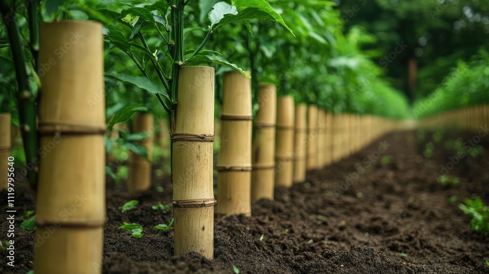 Rows of green pepper plants supported by bamboo stakes in a well-maintained agricultural field with rich soil and lush greenery. Rows of green pepper plants supported by bamboo stakes in a well-maintained agricultural field with rich soil and lush greenery.