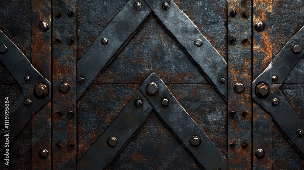 Rusty and weathered metal texture featuring dark tones, intricate patterns, and visible rivets, suited for industrial, vintage, or grunge themes, texture, background, design. Rusty and weathered metal texture featuring dark tones, intricate patterns, and visible rivets, suited for industrial, vintage, or grunge themes, texture, background, design.