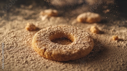 Circle-shaped biscuits resting on a flour-dusted surface with scattered crumbs highlighting their texture and homemade appeal photo