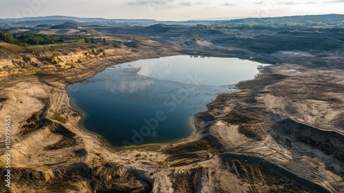 Aerial view of degraded landscape featuring a black lake surrounded by barren land and eroded hills in an industrial zone.