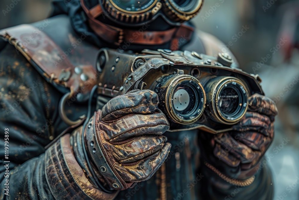 Obraz premium A person wearing a leather jacket and holding a pair of goggles, suitable for use in various scenarios such as aviation, adventure, or fashion photoshoots