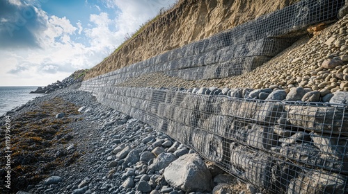 Coastal engineering rock protection using gravel blocks and steel meshes for landslide prevention along a shoreline photo