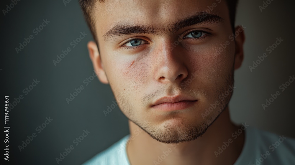 Closeup portrait of a young man expressing negative emotions highlighting mental health challenges and emotional awareness in daily life Closeup portrait of a young man expressing negative emotions highlighting mental health challenges and emotional awareness in daily life