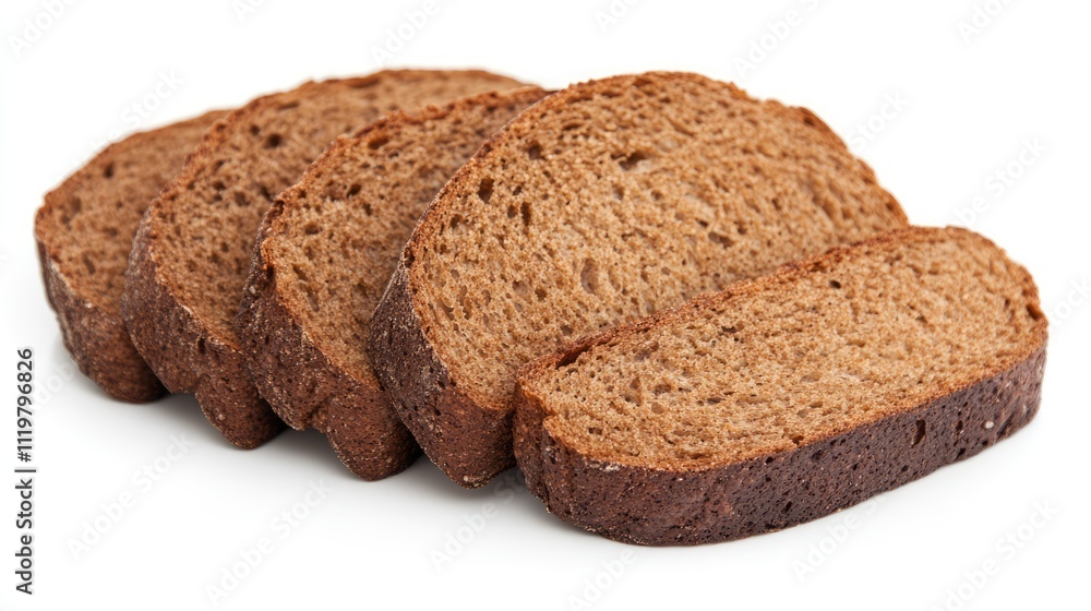 Five slices of whole wheat bread stacked neatly on a white background showcasing texture and freshness ideal for culinary uses. Five slices of whole wheat bread stacked neatly on a white background showcasing texture and freshness ideal for culinary uses.