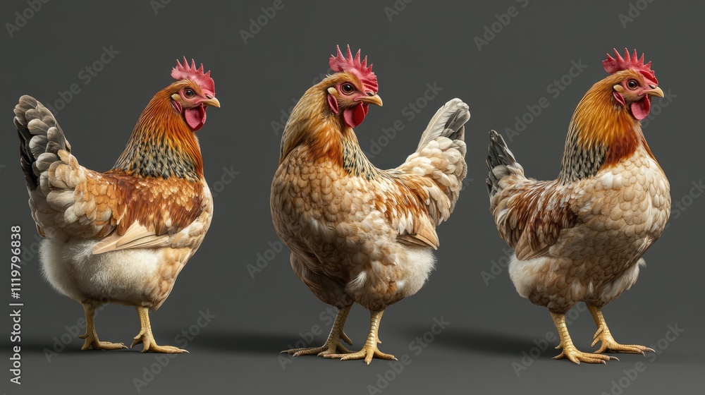 Fototapeta premium Lively collection of laying hens in different poses showcasing vibrant colors and textures set against a neutral background.