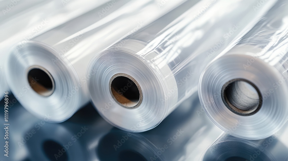 Fototapeta premium Close-up view of multiple transparent plastic film rolls arranged on a reflective surface, highlighting their textures and details with a white background, packaging, material, industrial use.