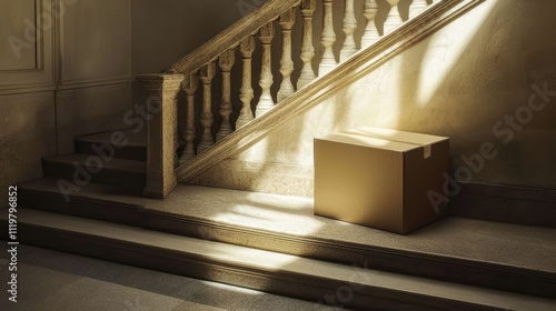 Cardboard box resting on stairs with soft sunlight illuminating the scene and highlighting architectural details in the background. photo