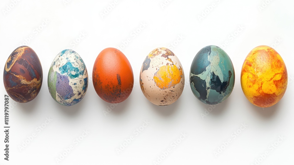 Colorful Easter eggs arranged neatly on a clean white background showcasing creative designs and vibrant colors for festive celebrations. Colorful Easter eggs arranged neatly on a clean white background showcasing creative designs and vibrant colors for festive celebrations.