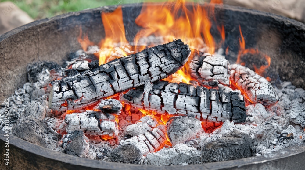 Close-up view of a glowing campfire with burning logs and vibrant flames, surrounded by ash and glowing coals, outdoor, warmth, camping, outdoor cooking, nature, relaxation. Close-up view of a glowing campfire with burning logs and vibrant flames, surrounded by ash and glowing coals, outdoor, warmth, camping, outdoor cooking, nature, relaxation.