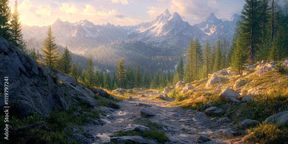 Serene Mountain Trail Sunrise Hike Rocky Path Pine Trees Majestic Peaks Nature Photography Serene Mountain Trail Sunrise Hike Rocky Path Pine Trees Majestic Peaks Nature Photography