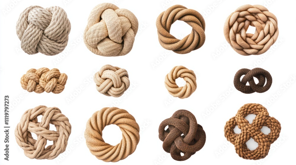 Collection of 3D decorative rope knots in various designs and patterns, isolated on white background Collection of 3D decorative rope knots in various designs and patterns, isolated on white background