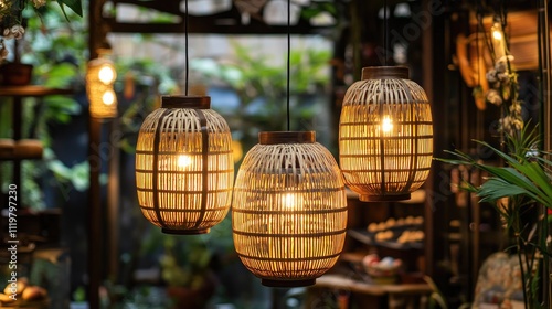 Hanging bamboo lanterns illuminated in a cozy indoor garden setting creating a warm and inviting atmosphere