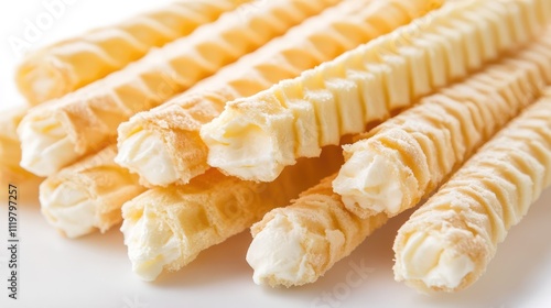 Crispy cream-filled wafer sticks arranged neatly on a clean white background, highlighting texture and layers, food photography, sweet snacks, dessert treats. photo