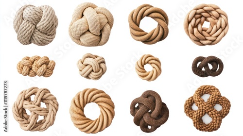 Collection of 3D decorative rope knots in various designs and patterns, isolated on white background