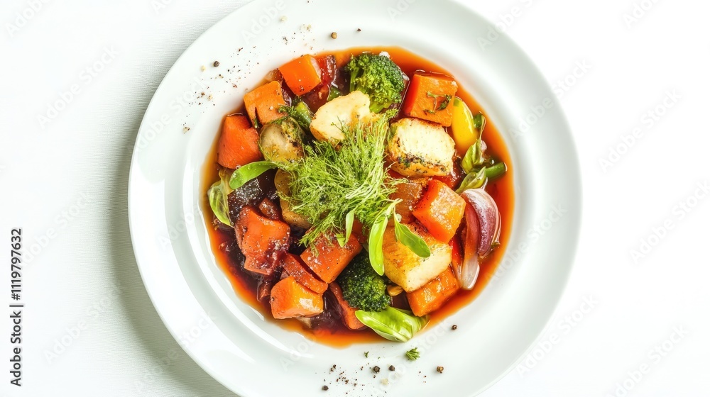 Colorful vegetable medley served on a white plate showcasing fresh ingredients and vibrant presentation in a minimalist style Colorful vegetable medley served on a white plate showcasing fresh ingredients and vibrant presentation in a minimalist style