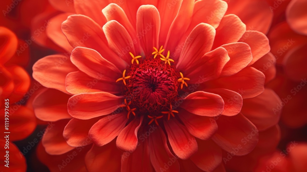 Obraz premium Vibrant closeup of a blooming red zinnia flower showcasing intricate petal details and pollen perfect for wallpapers and illustrations