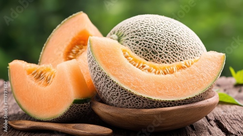 Fresh cantaloupe muskmelon segments beautifully displayed in a rustic bowl with a blurred green background showcasing summer fruits.