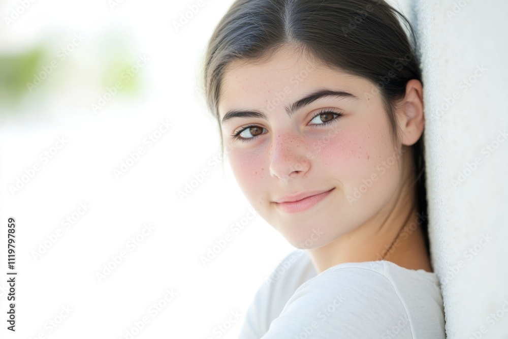 A woman leans against a wall, smiling, in a calm and relaxed atmosphere