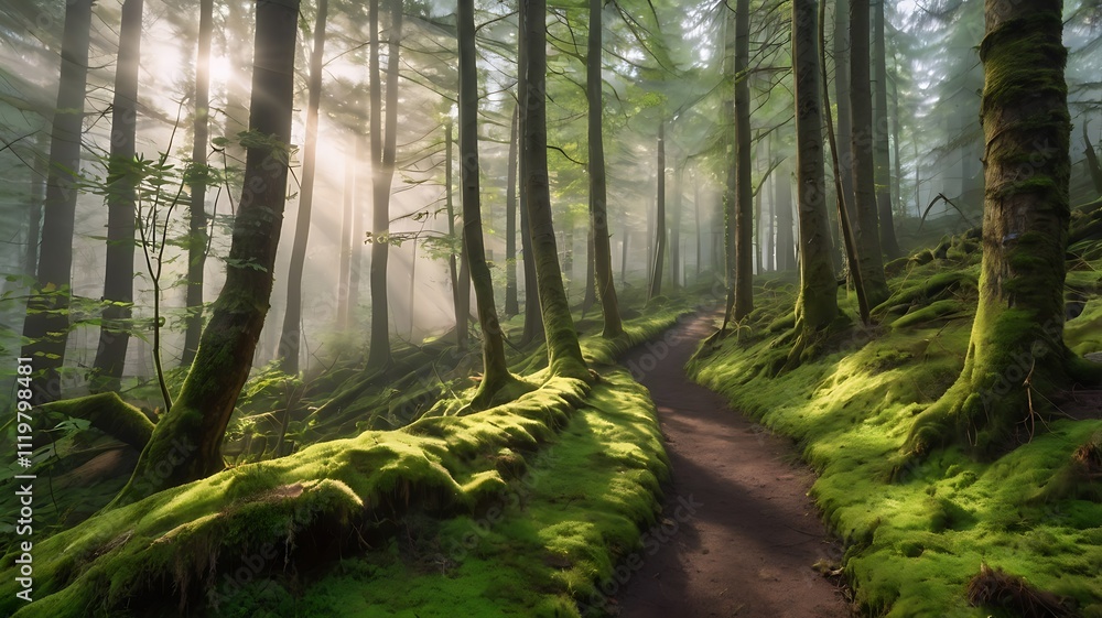 Obraz premium A Peaceful Walk in a Misty Green Forest