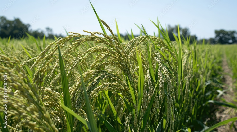 Closeup of lush green rice plants swaying gently in the breeze under a clear blue sky showcasing agricultural beauty and growth. Closeup of lush green rice plants swaying gently in the breeze under a clear blue sky showcasing agricultural beauty and growth.