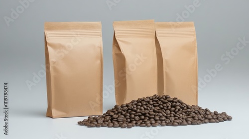 Kraft Coffee Bags with Zip Valve and Pocket Featuring Stylish Pouch Design and Fresh Roasted Coffee Beans on Gray Background photo