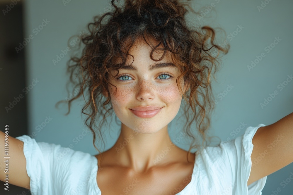 A woman posing for a portrait, featuring curly hair and bright blue eyes A woman posing for a portrait, featuring curly hair and bright blue eyes