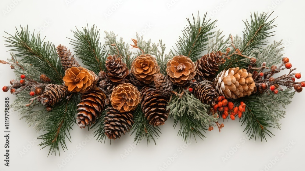 Festive arrangement of pinecones and berries with evergreen branches for holiday decoration and seasonal celebrations Festive arrangement of pinecones and berries with evergreen branches for holiday decoration and seasonal celebrations