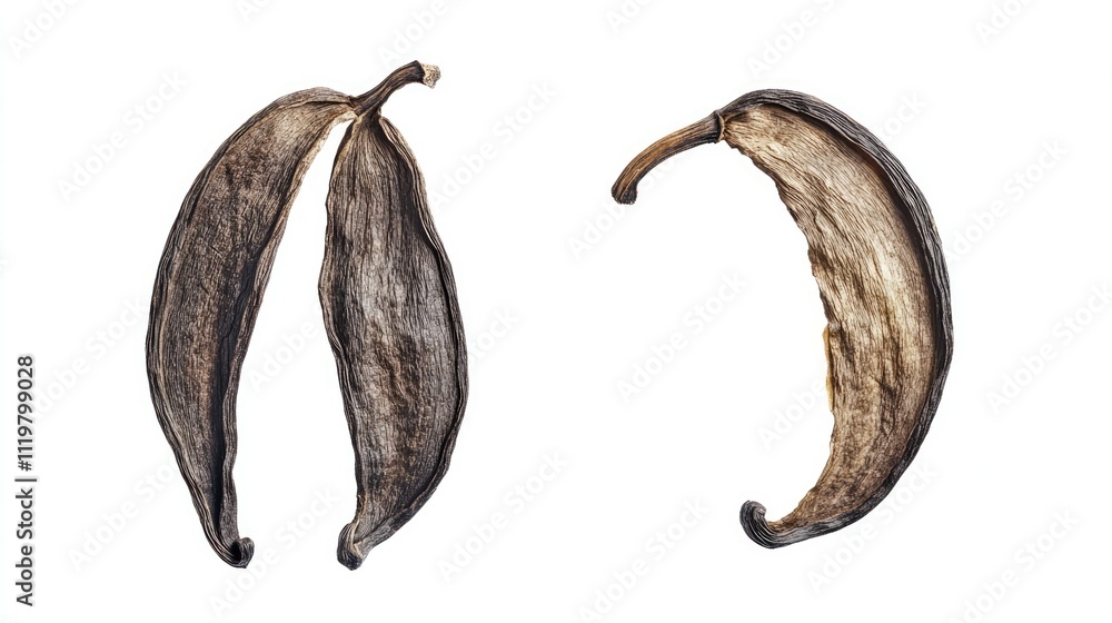 Dried vanilla pods isolated on white showcasing distinct shapes and textures with a focus on natural beauty and culinary use. Dried vanilla pods isolated on white showcasing distinct shapes and textures with a focus on natural beauty and culinary use.