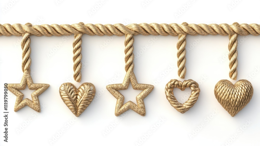 Decorative 3D rope shapes, including stars and hearts, with detailed textures, isolated on white Decorative 3D rope shapes, including stars and hearts, with detailed textures, isolated on white