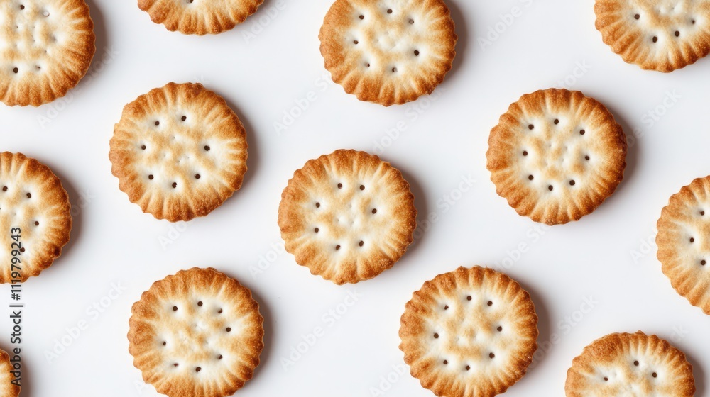 Round-shaped crackers arranged on a white background, displaying golden-brown edges and a textured surface, snack food, food photography, minimalistic style, culinary, cooking. Round-shaped crackers arranged on a white background, displaying golden-brown edges and a textured surface, snack food, food photography, minimalistic style, culinary, cooking.