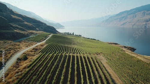 Breathtaking vineyard landscapes along serene waters in a picturesque wine region surrounded by mountains and natural beauty photo