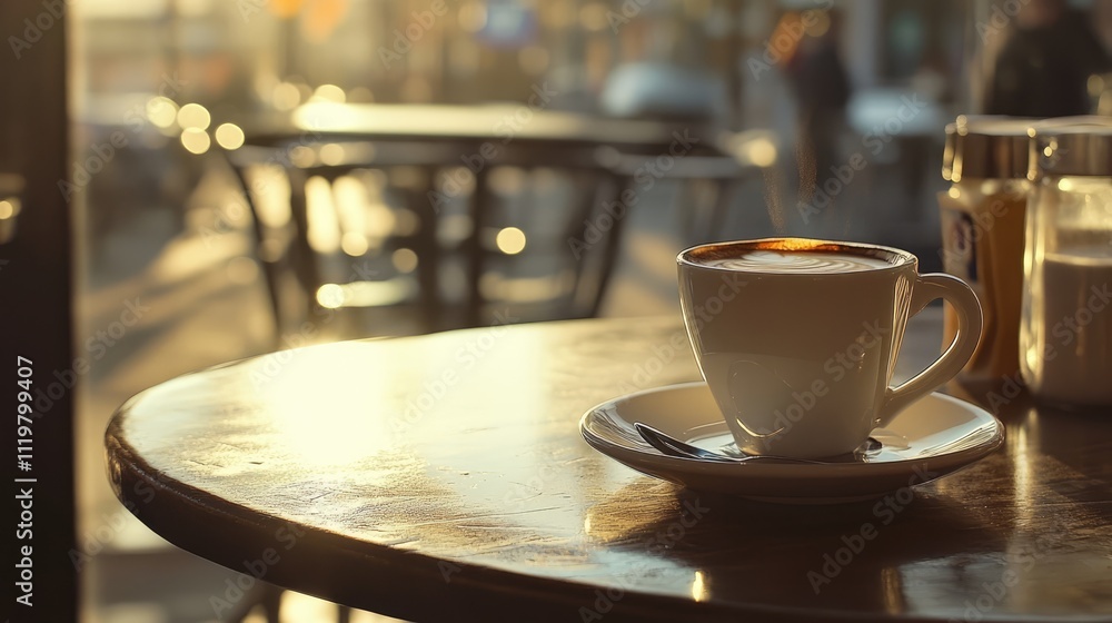 Warm Morning Coffee on a Rustic Table with Soft Sunlight Glowing Through a Cafe Window Warm Morning Coffee on a Rustic Table with Soft Sunlight Glowing Through a Cafe Window