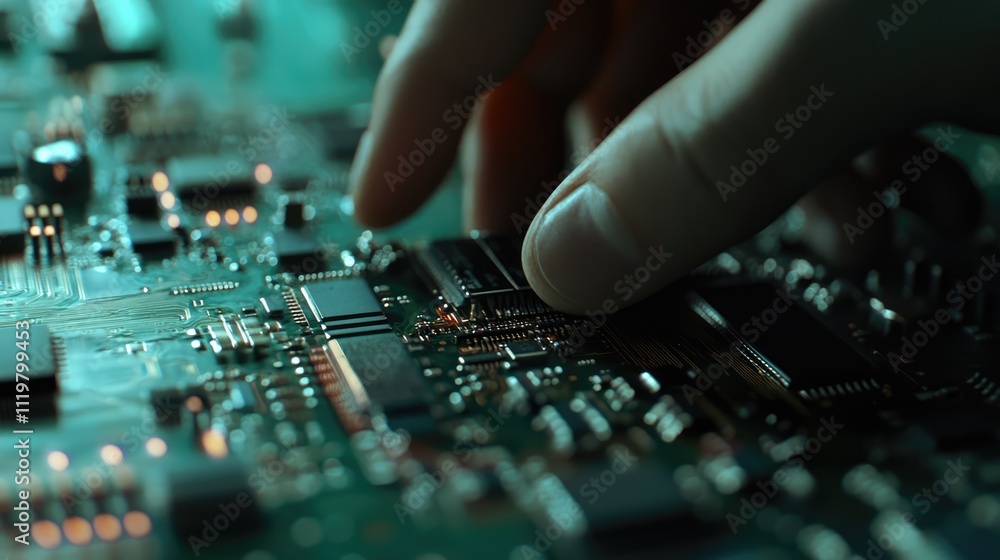 Close-up view of a technician's hand securely clamping a logic board amid a blurred background of electronic components, emphasizing precision in technology, electronics, circuit board, engineering. Close-up view of a technician's hand securely clamping a logic board amid a blurred background of electronic components, emphasizing precision in technology, electronics, circuit board, engineering.