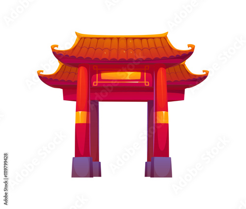 Chinese building, china town gate or archway with traditional red pillars and roof, representing ancient cultural heritage of East. Vector Asian architecture entryway, oriental torii temple entrance