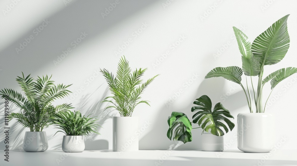 Minimalistic arrangement of green potted plants on white background Minimalistic arrangement of green potted plants on white background