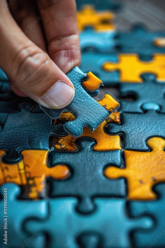 A person carefully placing a puzzle piece into its correct position, focusing on completing the picture A person carefully placing a puzzle piece into its correct position, focusing on completing the picture
