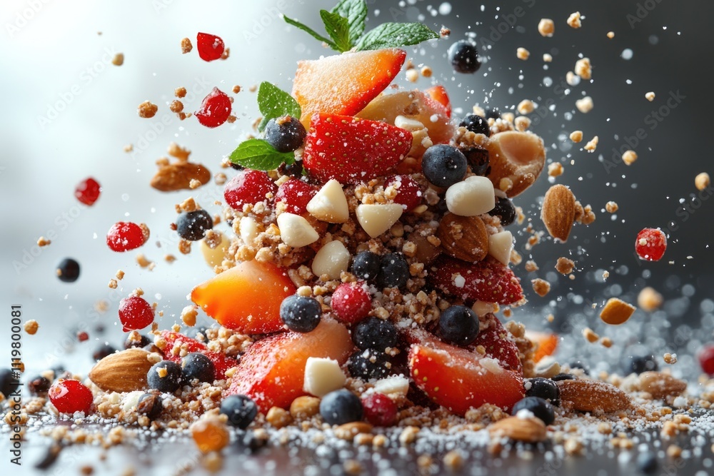 A colorful mix of fruits and nuts in mid-air, creating a vibrant and playful scene A colorful mix of fruits and nuts in mid-air, creating a vibrant and playful scene