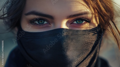 Close-up portrait of a young woman wearing a black face mask highlighting eye contact and emphasizing safety and health awareness.