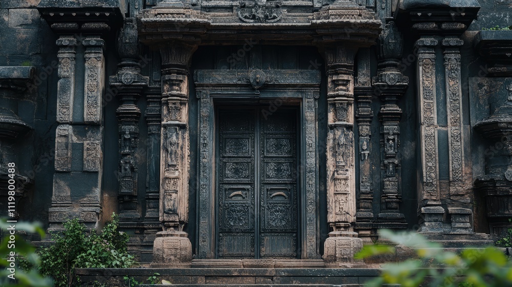 Ancient palace facade showcasing intricate carvings and detailed door surrounded by lush greenery and historic architecture Ancient palace facade showcasing intricate carvings and detailed door surrounded by lush greenery and historic architecture
