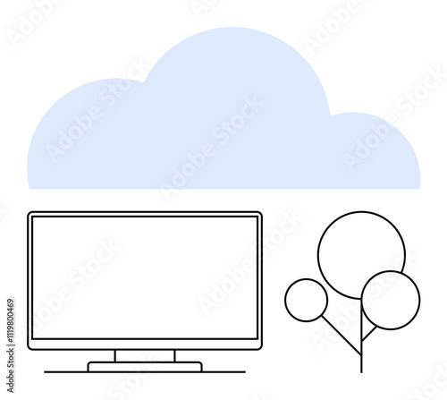 Computer monitor beneath a large cloud with simple tree design suggesting online data storage and environmental consciousness. Ideal for tech, environment, cloud storage, data security, IT