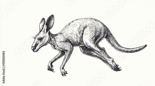 A detailed black and white illustration of a kangaroo mid-leap, showcasing its powerful limbs and soft fur. photo