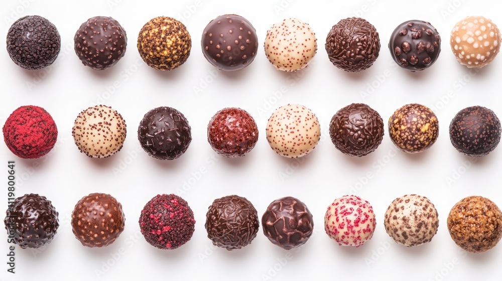 Assorted chocolate truffle candies arranged on a white background perfect for Valentine's Day gift ideas and sweet indulgences Assorted chocolate truffle candies arranged on a white background perfect for Valentine's Day gift ideas and sweet indulgences