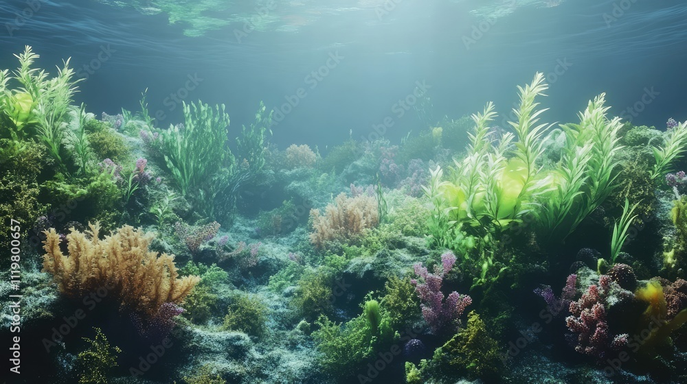 Fototapeta premium Vibrant coral reef teeming with diverse aquatic vegetation, illuminated by sunlight filtering through water, showcasing rich marine life, underwater ecosystem, biodiversity, tranquility.