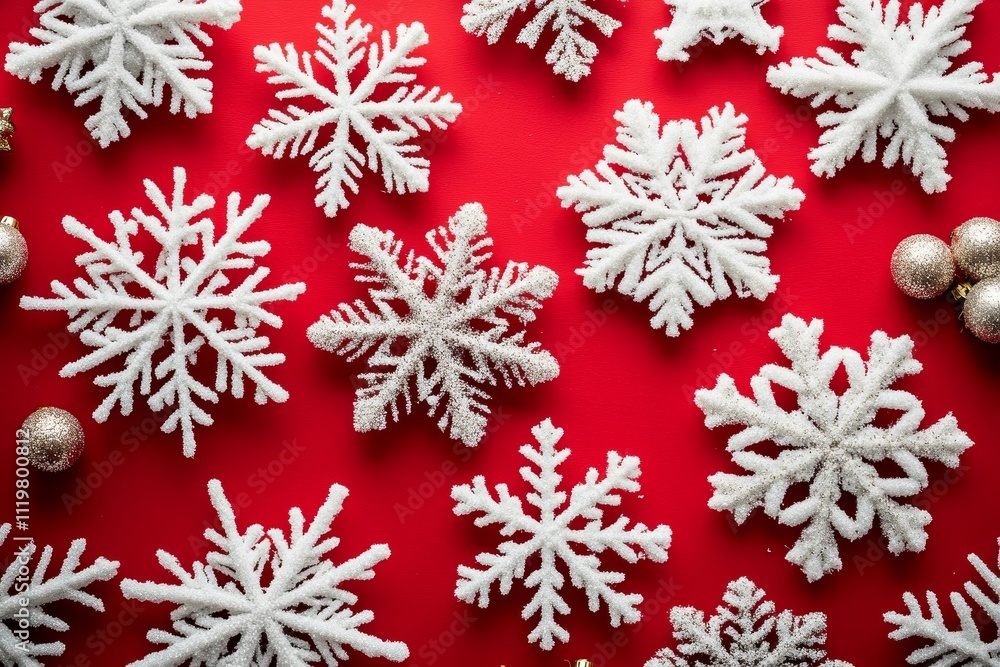 Collection of Artificial White Snowflakes on a Red Background Perfect for Holiday and Winter-Themed Designs and Decorations, Capturing the Essence of Festive Cheer Collection of Artificial White Snowflakes on a Red Background Perfect for Holiday and Winter-Themed Designs and Decorations, Capturing the Essence of Festive Cheer
