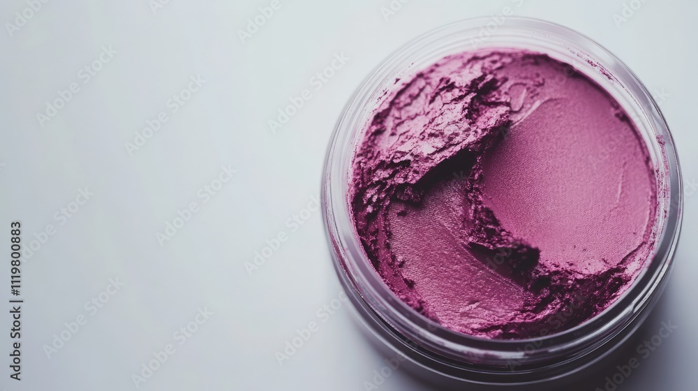 Closeup of vibrant purple creamy makeup in container on a minimalistic white background for beauty product advertising and promotions Closeup of vibrant purple creamy makeup in container on a minimalistic white background for beauty product advertising and promotions