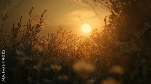 Golden hour sun shining through a wheat and wild oat field at harvest time creating a serene atmosphere of growth and beauty